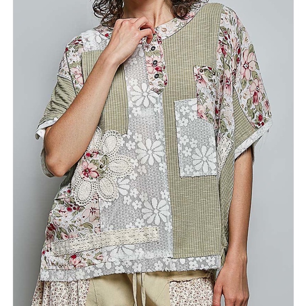 POL Patchwork Floral Lace Boho Henley Top Olive Green YKT1394 Large zz